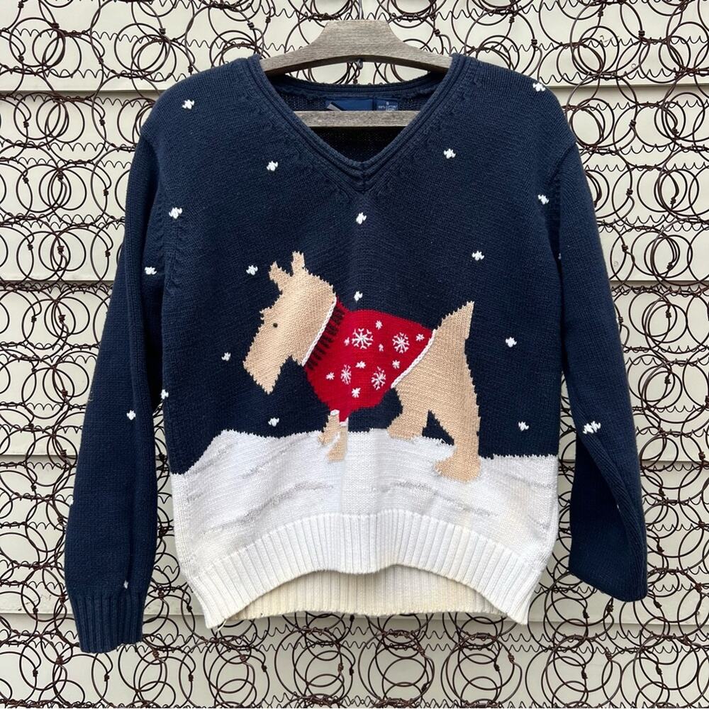 Vintage 90s Winter Christmas dog Terrier in sweater Ugly Sweater